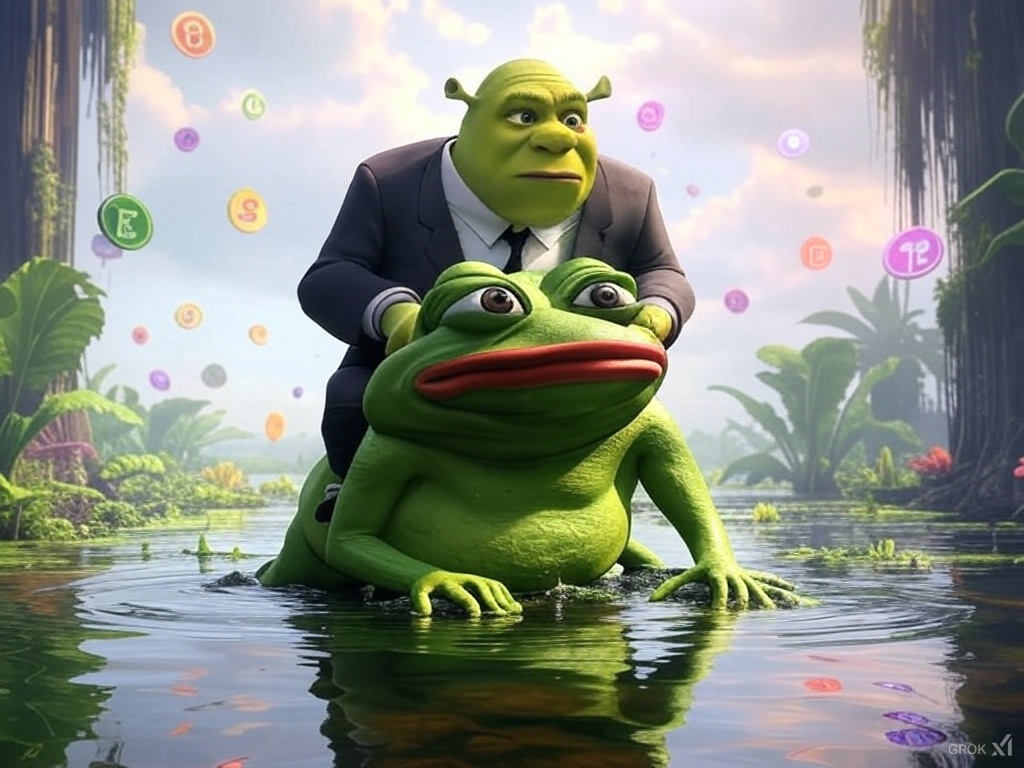 Elon kissing Pepe while Shrek watches